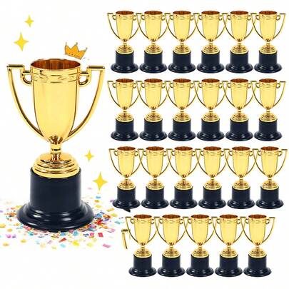 24pcs Mini Plastic Gold Trophy, Gold Medal, Mini Trophy, Small Gold Trophy, Plastic Trophy, Classic Competitive Style, Suitable For Competitions, Events, Sports Matches, Party Decorations, Performances, Awards Ceremonies And Commendation Gifts, 2026 World Cup Theme Party Decorations,Youngsters's And Adult Competitions