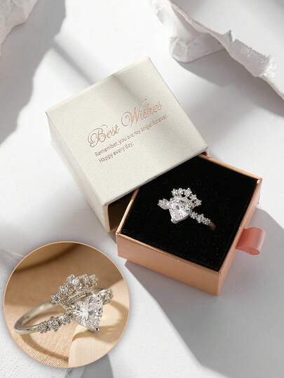 Gift Box Elegant Cubic Zirconia Crown & Heart Shaped Silver Ring, Fashion Jewelry For Women Party & Banquet, Made Of Copper Material That Resists Fading And Allergies, Ideal Holiday Gift