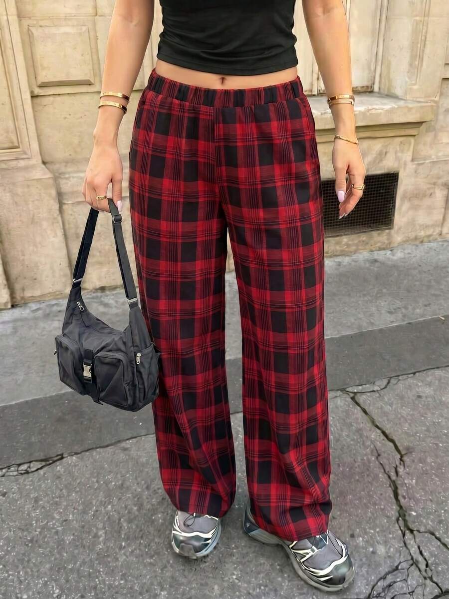 Women's Red & Black Plaid Wide Leg Pants | High Waist Elastic Casual Trousers Suitable For Street Style And Spring Wear - Multicolor - View 1