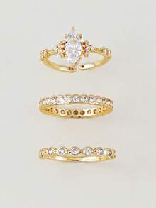 3pcs Set Cubic Zirconia Inlaid Fashionable Sparkling Rings, Suitable For Women's Daily, Dating, Party, Stacking - Yellow Gold - View 5