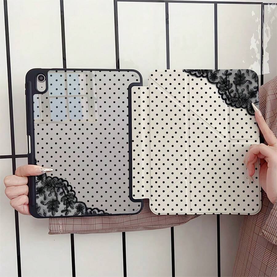 1个黑色波点蕾丝边平板电脑保护套，带笔槽，适用于iPad 10代智能保护套/11(A16 2025)/三星Galaxy S9/S7/S10+/