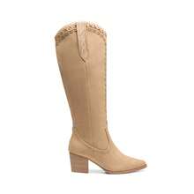 Women's Western Boots Pull On Zipper Chunky Heel Pointed Toe Outdoor Cowgirl Cowboy Knee High Boots - Màu be - Xem 5