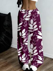 Purple Leaf Print Wide Leg Sweatpants With Drawstring Waistband Suitable For Casual And Sport Activities - 白色 - 查看 1