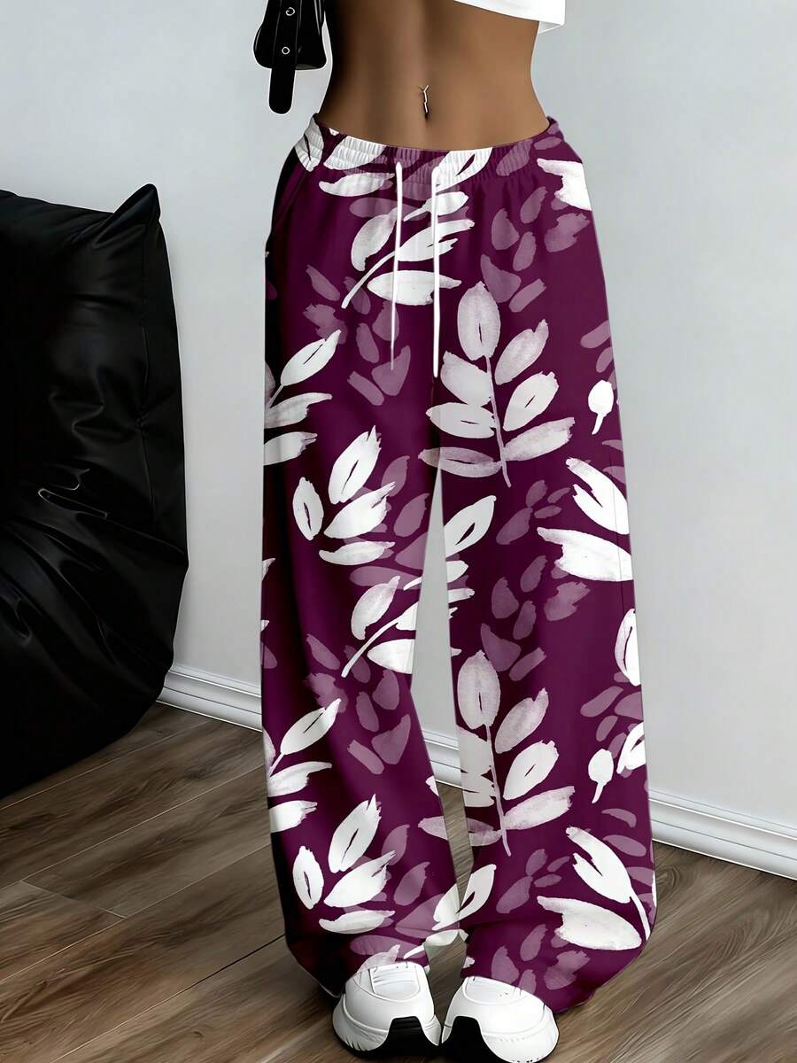 Purple Leaf Print Wide Leg Sweatpants With Drawstring Waistband Suitable For Casual And Sport Activities - 白色 - 查看 1