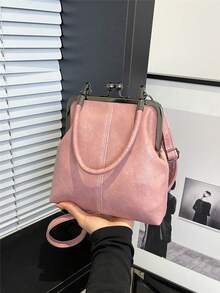 Bolsa Transversal de Couro Sintético Retrô para Mulheres, Bolsa Pequena de Estilo Vintage com Trava e Alça Ajustável, Bolsa Tote Leve de Cor Sólida com Forro de Poliéster, Unissex - Rosa chiclete - Visão 8