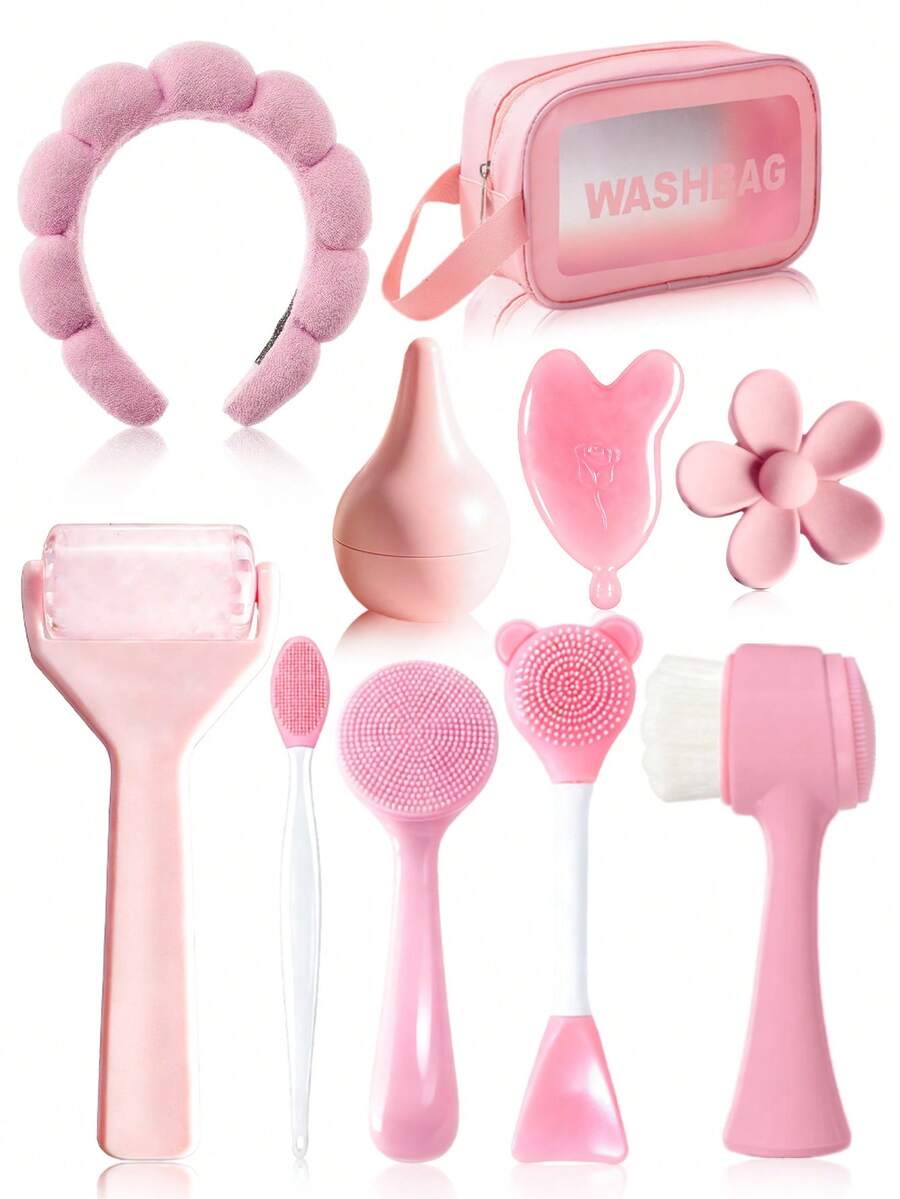 Bộ dụng cụ massage làm đẹp da mặt 2/6/10 món, gồm con lăn đá lạnh, dụng cụ cạo gió, đá núi lửa massage, cọ rửa mặt, kẹp tóc, túi đựng đồ dùng vệ sinh cá nhân. Thích hợp làm quà tặng cho học sinh, mẹ, chị em gái, quà tặng ngày lễ. - Nhiều màu - Xem 1