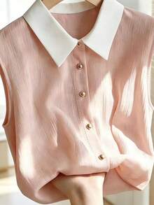 Women's Solid Color Splicing Collar Front Button Sleeveless Top, Spring/Summer Pink - Pink - View 5