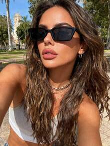 1pc Women's Plastic Geometric Frame Street Style Elegant Aesthetic Fashion Sunglasses, Suitable For Hiking, Beach, Party, Camping, Street Photography And More - Multicolor - View 3
