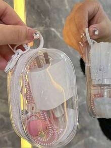 1pc Transparent Zipper Data Cable Storage Bag, Portable Mini Transparent Doll Display Bag, Multi-Functional Compact Storage Bag, Earphone Charger Storage Box With Keychain, Black And White Colors Available, Exquisite And Compact, Suitable For Storing Small Items, Bracelet Bag, Makeup Bag, Cute Pendant, Charming Backpack Accessory - Multicolor - View 8