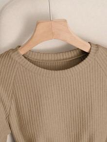 Body entero elegante casual nueva  2026 cuello redondo manga corta punto canalé ceñido básico mujer uso diario primavera otoño - Caqui - Ver 7