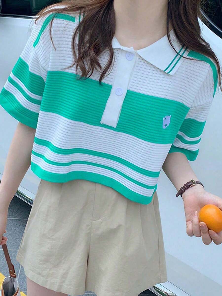女士宽松休闲撞色落肩 Polo 领针织上衣,夏季 - 淺綠 - 查看 1