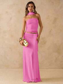Conjunto de 2 piezas de top bandeau drapeada de color rosa sólido y falda larga drapeada y anudada a la cintura baja, conjunto de ropa de playa y vacaciones, vestido bohemio de espalda descubierta, atuendo para conciertos de mujer, vestimenta de - Rosado Sandía - Ver 3
