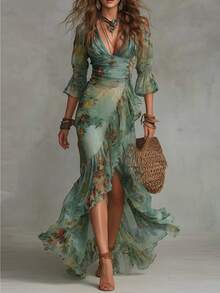 Women's Floral Printed V-Neck Maxi Dress, Irregular Hem Flowy Vacation Long Dress - Green - View 2