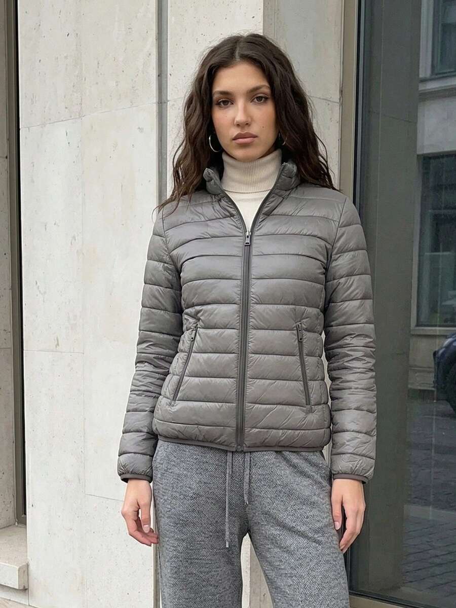 ZIAI Women's Solid Color Stand Collar Lightweight Jacket, Winter - Dark Grey - View 1