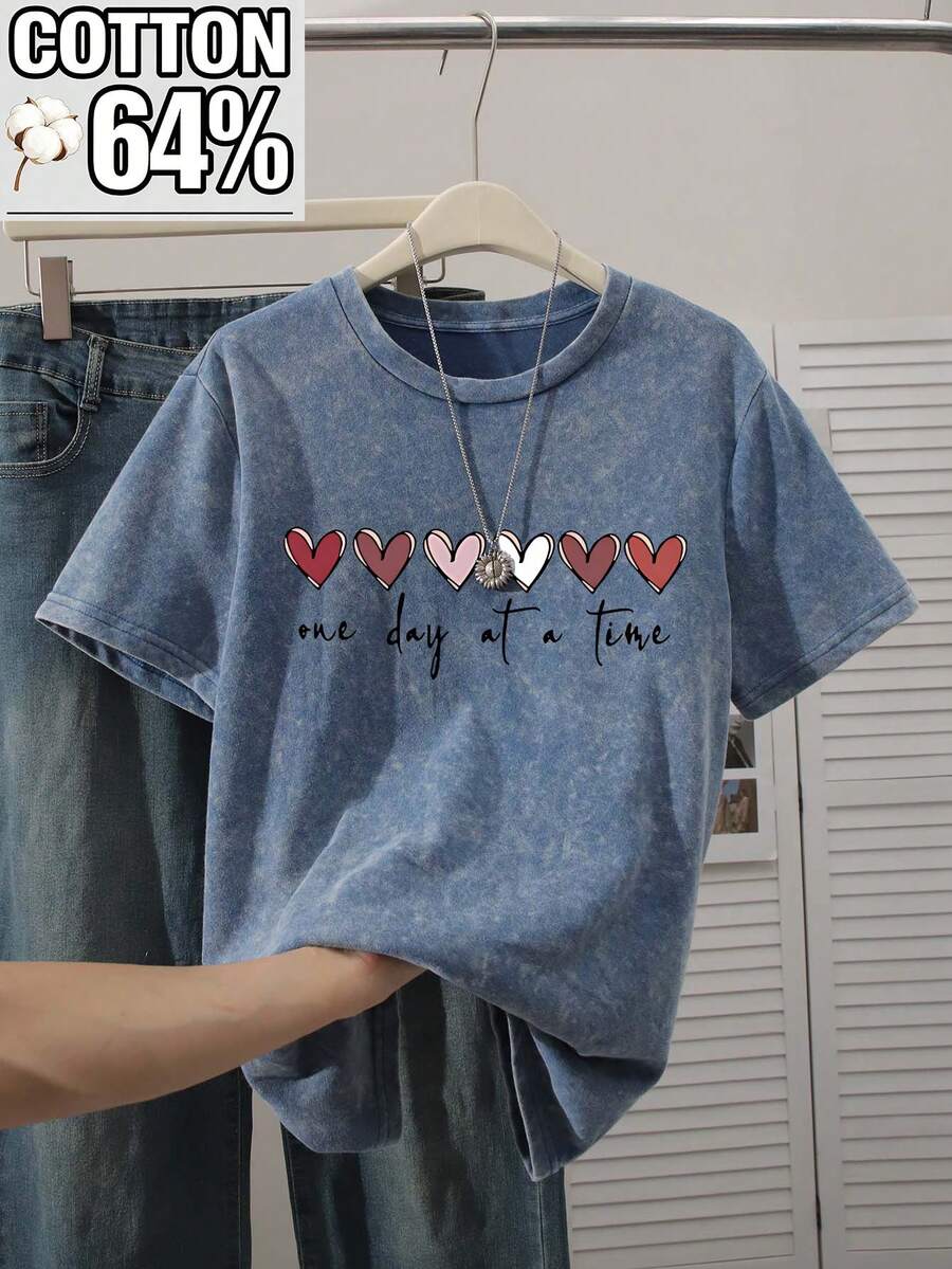 Áo thun nữ cỡ lớn kiểu vintage, in hình trái tim, dáng rộng vừa vặn, chất liệu wash acid, phù hợp cho mọi mùa. Mùa hè. - Màu xanh lam - Xem 1