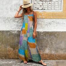 Mono sin mangas para mujer, verano 2026 – Estampado geométrico color block, tirantes finos, pantalón ancho, estilo informal para vacaciones - Caqui - Ver 1