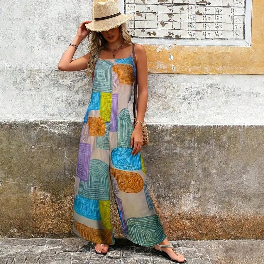 Mono sin mangas para mujer, verano 2026 – Estampado geométrico color block, tirantes finos, pantalón ancho, estilo informal para vacaciones - Caqui - Ver 1