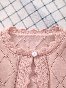 Girls' Spring Elegant Hollow Design Argyle Pattern + Lace Trim Knit Cardigan, Soft And Sweet, Suitable For Daily Wear Or Outings - Pink - View 2