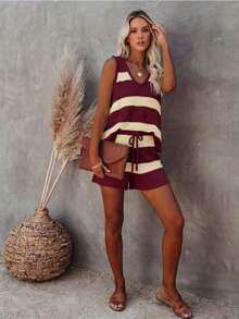 Conjunto de punto de chaleco y pantalones cortos a rayas de contraste de cuello en V, estilo elegante y relajado, adecuado para el uso diario, vacaciones, salidas a la playa en verano - Burdeos - Ver 8
