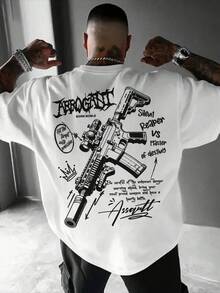 Printed T-Shirt, Cotton T-Shirts With Graphic Design, Plus Size, Cartoon Crew Neck, Short Sleeve, Short Sleeve T-Shirt With Gun And English Print, Neck - Black - View 7