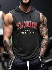 Fractyr 男士“FLORIDA 1989 PALM ISLAND”字母印花无袖连帽背心，柔软触感，运动街头风宽松版型，复古运动休闲夏季背心 - 黑色 - 查看 5