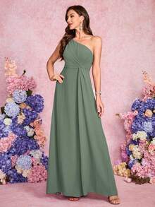 Volly Toych Vestido de dama de honor minimalista sin mangas color verde eucalipto con detalles de volantes, adecuado para vacaciones - eucalipto - Ver 5