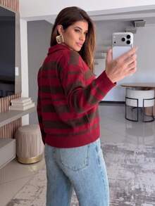 Striped Polo Shirt In High-Quality Modal Knit, Wide Leg, For Mother's Day - Red - View 2