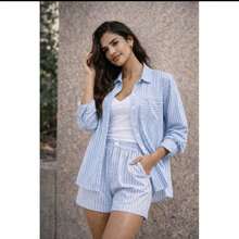 conjunto listrado , - Azul e Branco - Visão 2
