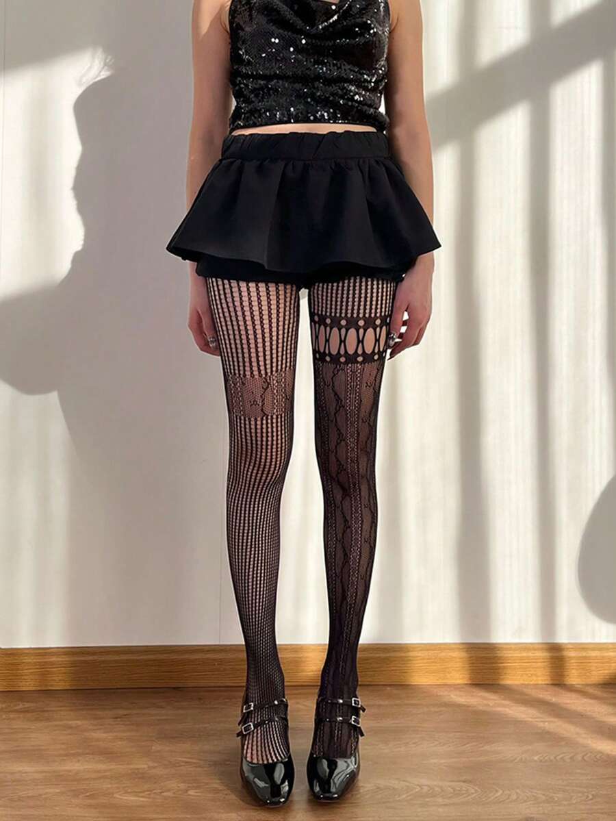 1件不對稱做舊鏤空魚網褲襪,Y2K哥德風街頭女裝 - 黑色 - 查看 1