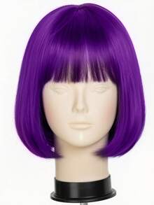12-Inch Short Purple Bangs Wig, High-Temperature Synthetic Straight Hair, Natural Style, Elegant And Versatile, Suitable For Daily Wear, Parties, And Cosplay For All Women - Purple - View 8
