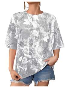 Women Camo Print Round Neck Short Sleeve Oversized T-Shirt, Casual Street Loose Fit Top - trắng - Xem 2