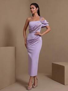 Vestido de fiesta elegante de unicolor con envolvente y plisado en la espalda para boda - Púrpura malva - Ver 5