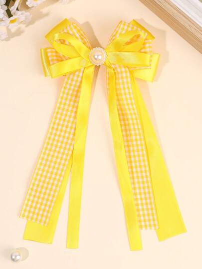 1 PC Yellow & White Plaid Bow Hair Clip For Women, Fashion Checkered Hair Barrettes Suitable For Summer Daily Wear, Elegant Long-Tail Pearl Hairpin For School Life, University, Women's Casual Hair Accessories.
