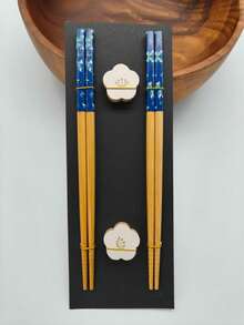 2 Pairs Japanese Natural Bamboo Chopsticks With 2 Bamboo Chopstick Rests Set, Japanese Print Bamboo Chopsticks And Natural Wooden Chopstick Holder - Multicolor - View 17