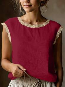 Vintage Linen Short Sleeve Top For Women, Lace Patchwork Round Neck Loose Breathable Linen Blend T-Shirt, Summer - Burgundy - View 2