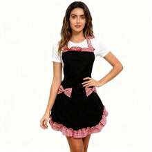 Cute Plaid Bow Apron, Soft & Comfortable, Non-Sweating. Halter Design Fits Body Shape, With Pocket For Small Items, Ruffled Hem + Contrast Plaid Decor, Stylish & Easy To Maintain, Essential For Kitchen Cooking, Baking, And Household Chores - Red and White Checkered Apron With a Bow - View 1