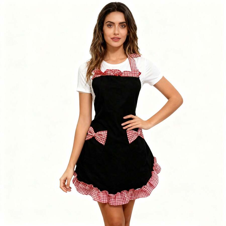 Cute Plaid Bow Apron, Soft & Comfortable, Non-Sweating. Halter Design Fits Body Shape, With Pocket For Small Items, Ruffled Hem + Contrast Plaid Decor, Stylish & Easy To Maintain, Essential For Kitchen Cooking, Baking, And Household Chores - Red and White Checkered Apron With a Bow - View 1