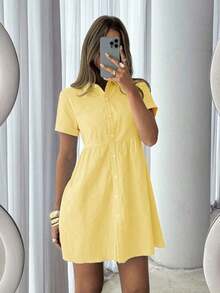 Vestido corto casual de mujer de unicolor con botones delanteros, para verano - Amarillo claro - Ver 7