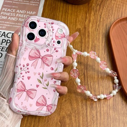 1 Set Funda de teléfono con estampado de lazo y corazón de moda con pulsera hecha a mano con cuentas de rosa, funda protectora de teléfono resistente a los golpes y duradera adecuada para Galaxy, Honor X, HW, C53 C55, agarre cómodo para uso diario.