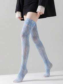 DAZY 1 Paar Damen Batik Overknee Socken, neblig blau - Graublau - Übersicht 2