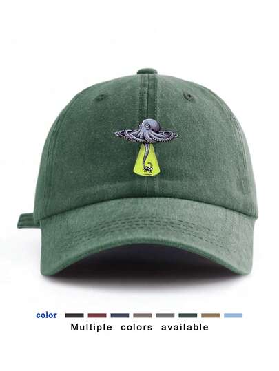1pc Cartoon Octopus Spaceship Pattern Washed Casual Retro Baseball Cap, Adjustable Size Lightweight Breathable Snapback Hat, Comfortable Sweat-Absorbent Outdoor Leisure Sports Cap, Suitable For Daily Outings, Street And Outdoor Activities