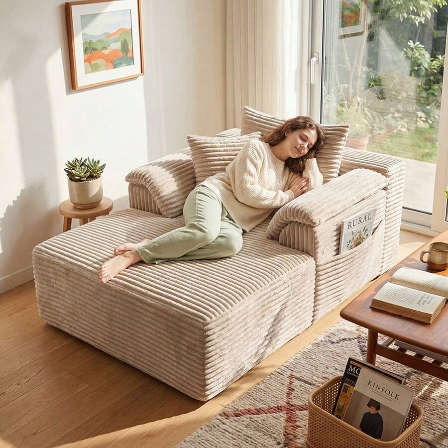 Sofá cama seccional extragrande Cloud de 122 cm: chaise longue doble con diseño mullido y sin huesos, cojines de felpa y sin necesidad de montaje. Moderno sofá cama para espacios pequeños, sala de estar, apartamento y noches de cine. - Beis - Ver 1