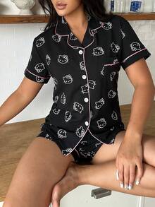 Bộ đồ ngủ 2 món Sanrio dành cho nữ, gồm áo ngắn tay cổ chữ V in hình Hello Kitty và quần ống rộng thắt nơ; bộ đồ ngủ mùa hè. - màu đen - Xem 6
