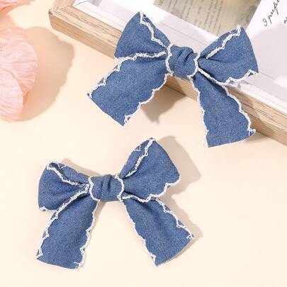 2 chiếc nơ cài tóc màu xanh dương cho bé gái, kẹp tóc nơ màu trơn, chất liệu vải mềm mại, kẹp cá sấu nơ màu trơn, nơ thêu viền răng cưa, phụ kiện cài tóc thường ngày cho trẻ em và bé.