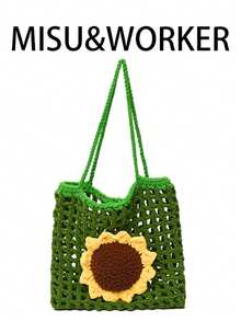Handmade Crochet Hollow Sunflower Tote Bag, Fashionable Shoulder Bag - Green - View 1