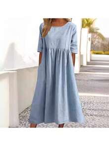 Size Up - Size Up -2026 Summer New Casual Short Sleeved Dress With Pockets, Pleats, Loose Fit, Round Neck, And Half Sleeves - đen - Xem 3