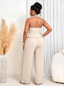 BIUBIU Conjunto de Dos Piezas con Cuello Halter Elegante para Mujer Talla Grande, Top sin Mangas y Espalda Descubierta con Detalle de Hebilla, Perfecto para Ocasiones Elegantes - Albaricoque - Ver 2