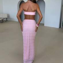 Conjunto Sexy de 2 piezas para fiesta y playa, ropa de verano para mujer, Top corto Bandeau sin tirantes + falda Maxi con lazo frontal, trajes de coqueta - Rosa - Ver 3