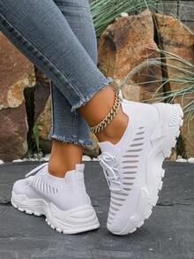 Women's Casual Sports Shoes, Mesh Fabric, Breathable & Comfortable, Lightweight Lace-Up, Solid Color, Breathable, Anti-Slip, Wear-Resistant - White - View 5