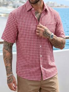 Men's Plaid Casual Single-Breasted Short Sleeve Pocket Shirt, Suitable For Leisure, Daily Wear, Commuting, Holiday Gift - Red and White - View 1
